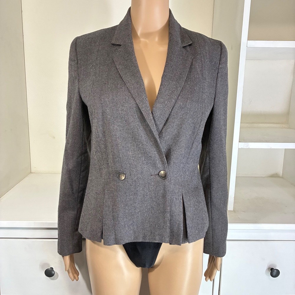 Michelle Stuart 100% Pure Wool Vintage Double Breasted Peplum Blazer Grey Brown